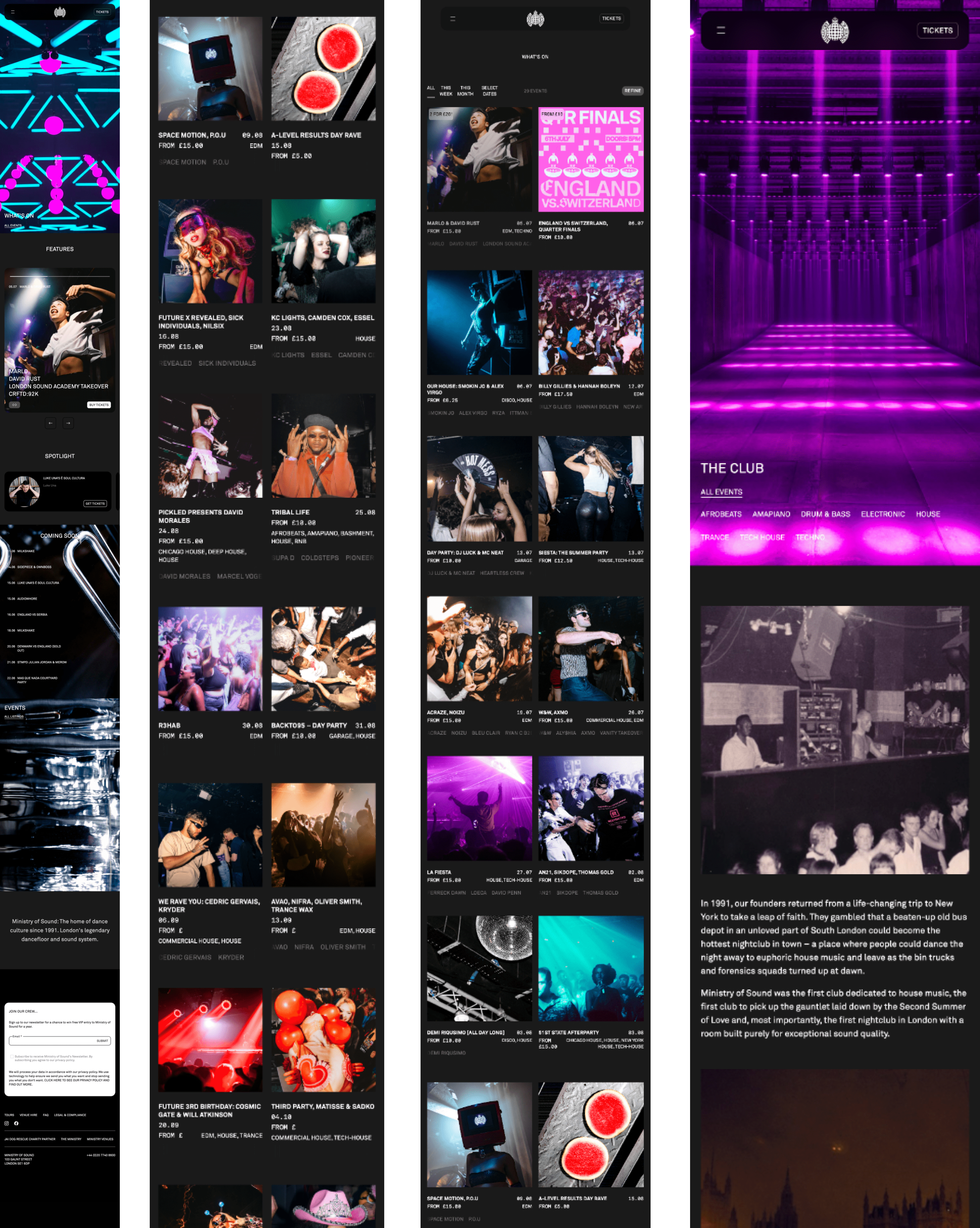 Webpage screenshots of new Ministry of Sound club website, built by Crush Design