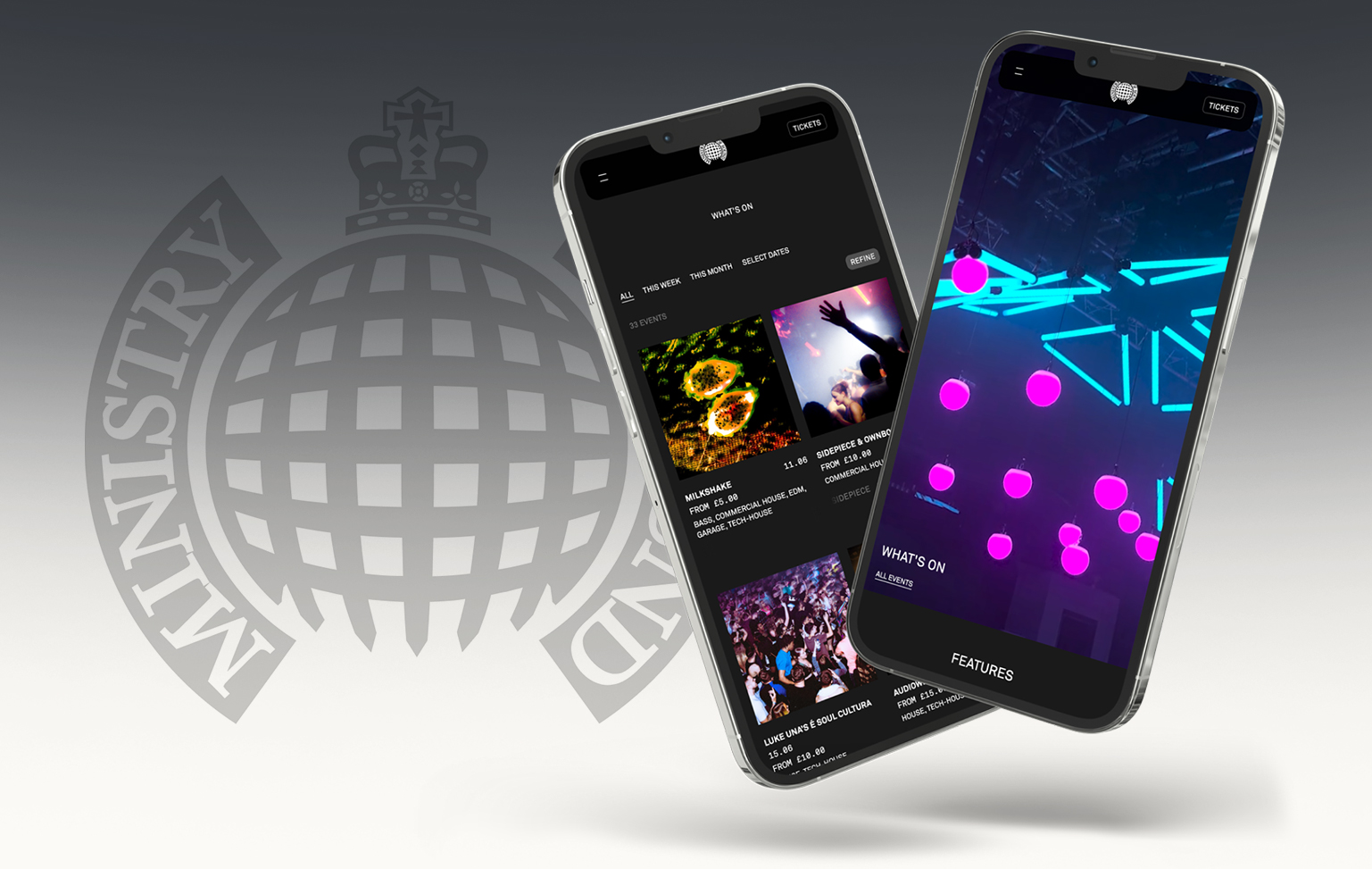 Mockup of new Ministry of Sound club website build by Crush Design