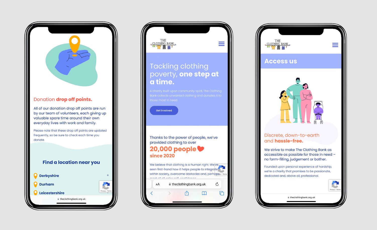 phone mockup of new clothing bank charity website design